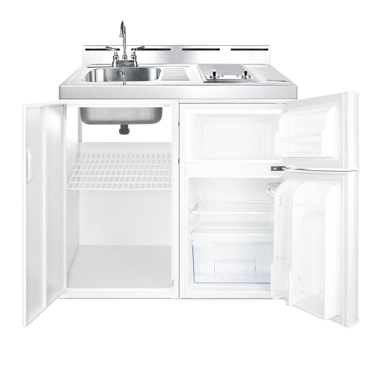 39 inch wide all-in-one kitchenette with 2-burner 115V smooth-top cooktop, refrigerator-freezer, sink, and storage cabinet